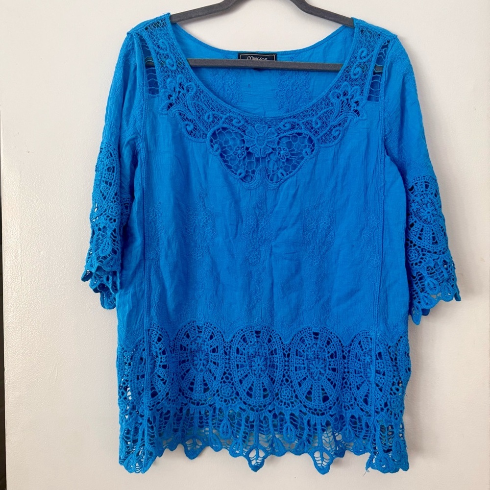 🇨🇦Vibrant Royal Blue Minkas Lace Patchwork Blouse 🦋 Boho Lagenlook 100% cotton